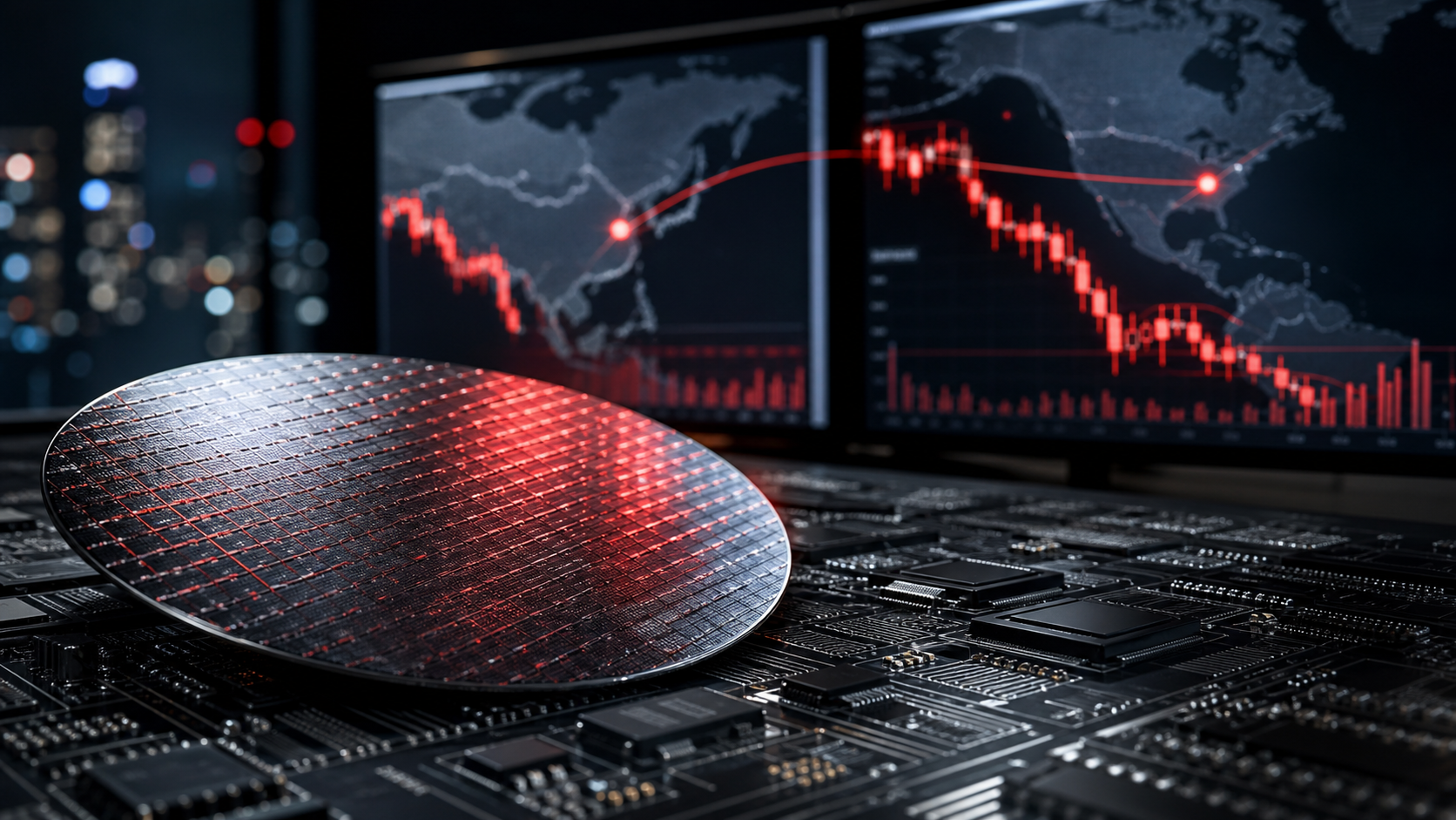 AI chip wafer and circuit board with red market charts showing a global semiconductor selloff