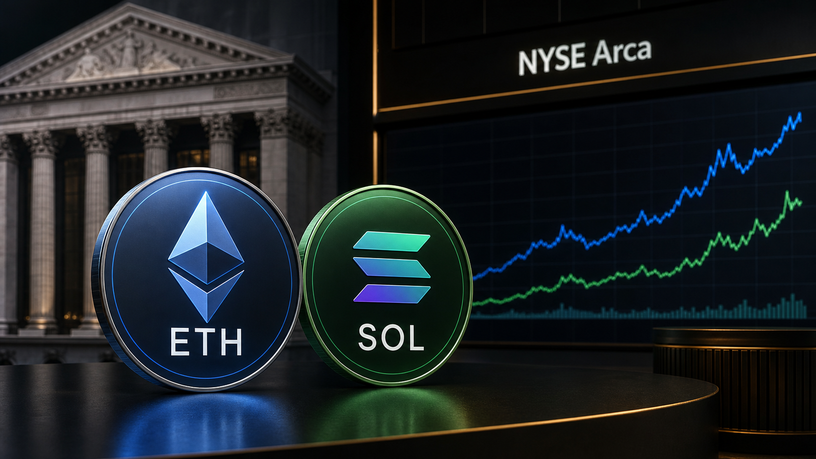 Ether and Solana coins beside a NYSE Arca listing board and crypto market charts