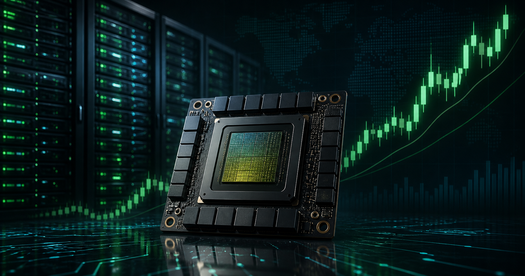 AI accelerator chip in front of data-center racks and a rising green candlestick chart