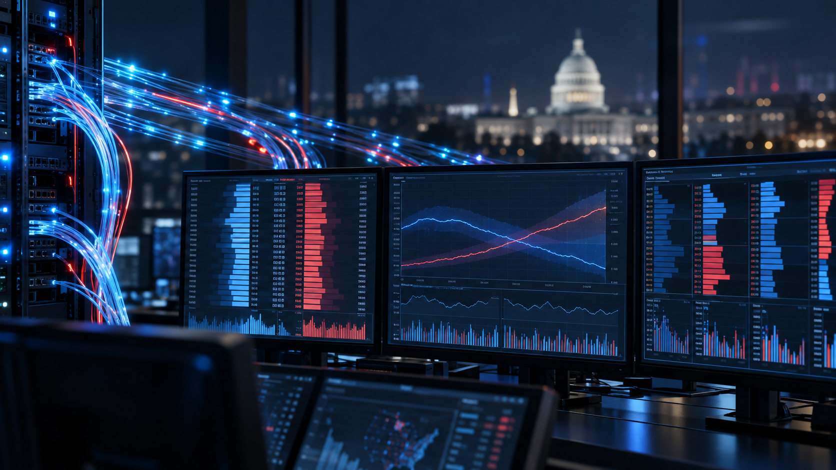 Election prediction-market order-book screens connected by illuminated fiber-optic data lines with the U.S. Capitol in the background
