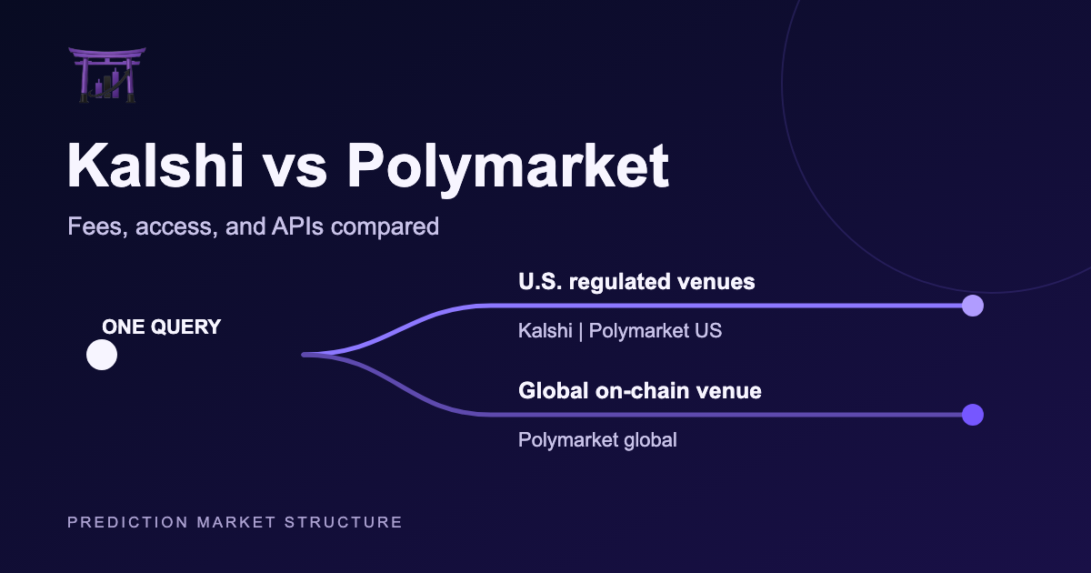 Kalshi versus Polymarket market structure diagram showing US regulated venues and the separate global venue
