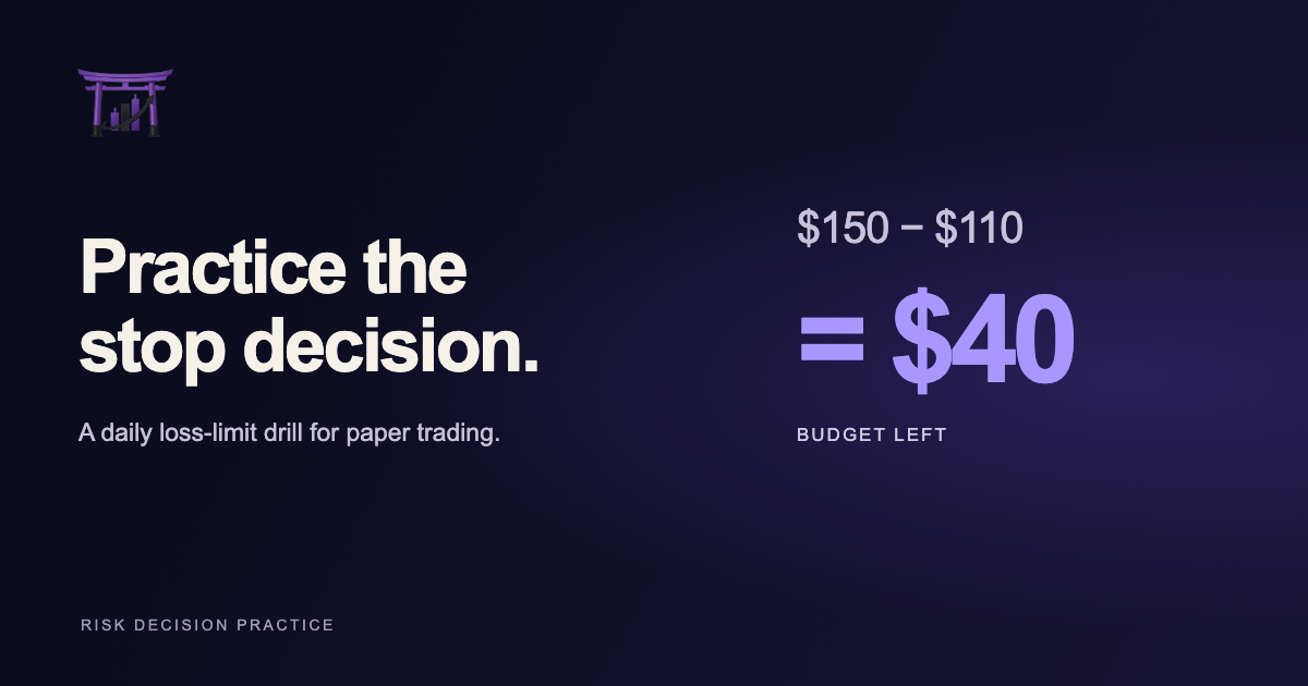 ChartDojo cover reading Practice the stop decision, with a worked daily budget calculation: $150 minus $110 leaves $40.