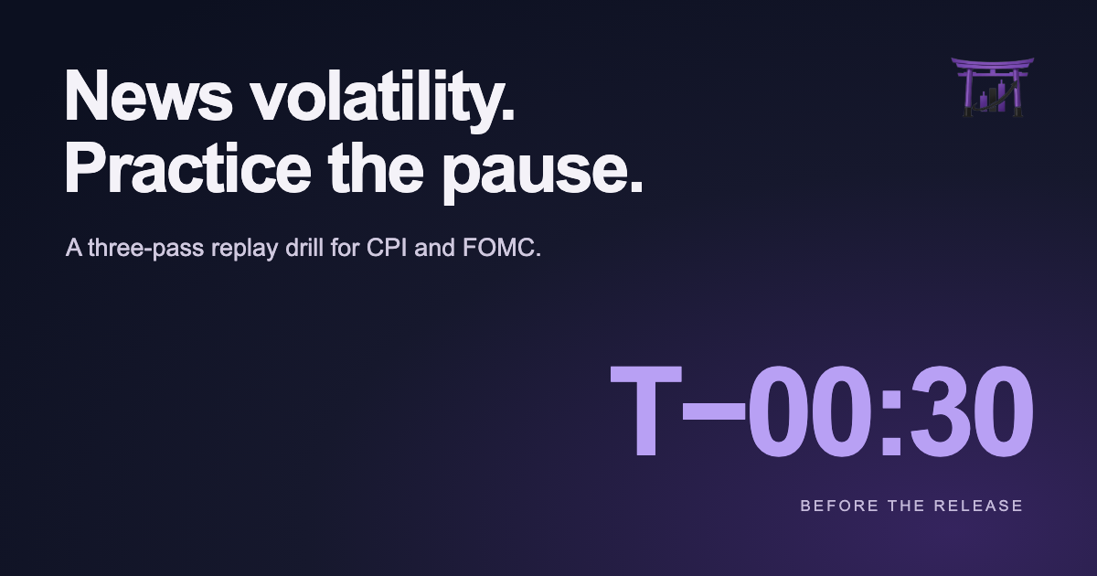 Dark navy and purple education cover reading News volatility. Practice the pause., with a T-minus thirty-second countdown before the release and the official ChartDojo logo.