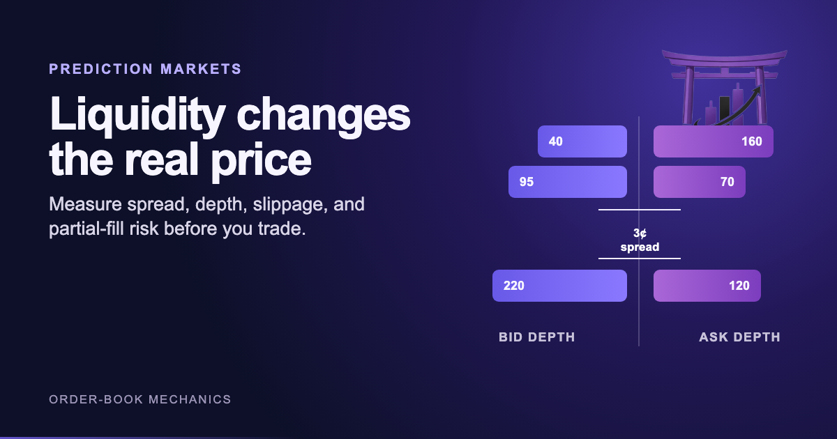 Prediction market order book depth illustration with bid and ask levels
