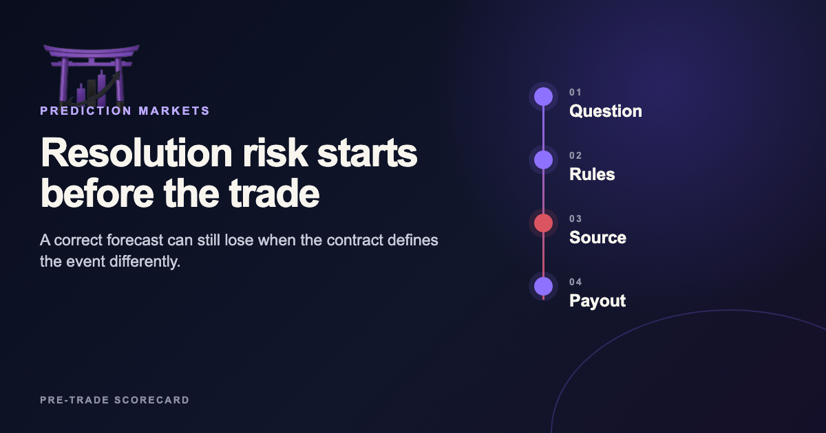 Prediction market contract resolution path from question to payout